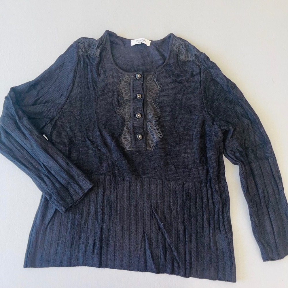 STIZZOLI Italy Lace Trim Henley Sweater Top Black Rayon Blend Womens Size 2XL